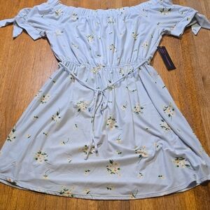 NWT‎ No Boundaries Women LG Pale Blue White Floral Off Shoulder Tie Waist Dress